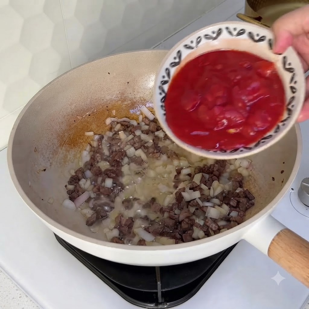 A small bowl pouring red diced tomatoes into the wok with beef and onions.