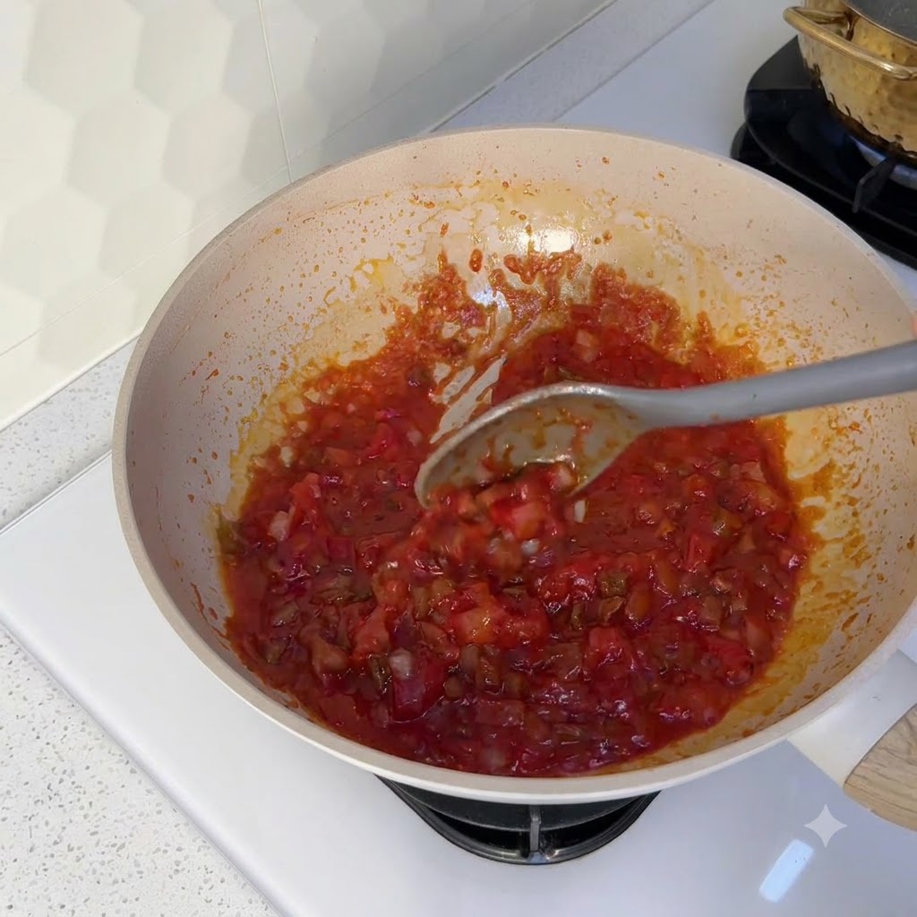 A grey cooking spoon stirring a thick red tomato and beef mixture inside a wok.