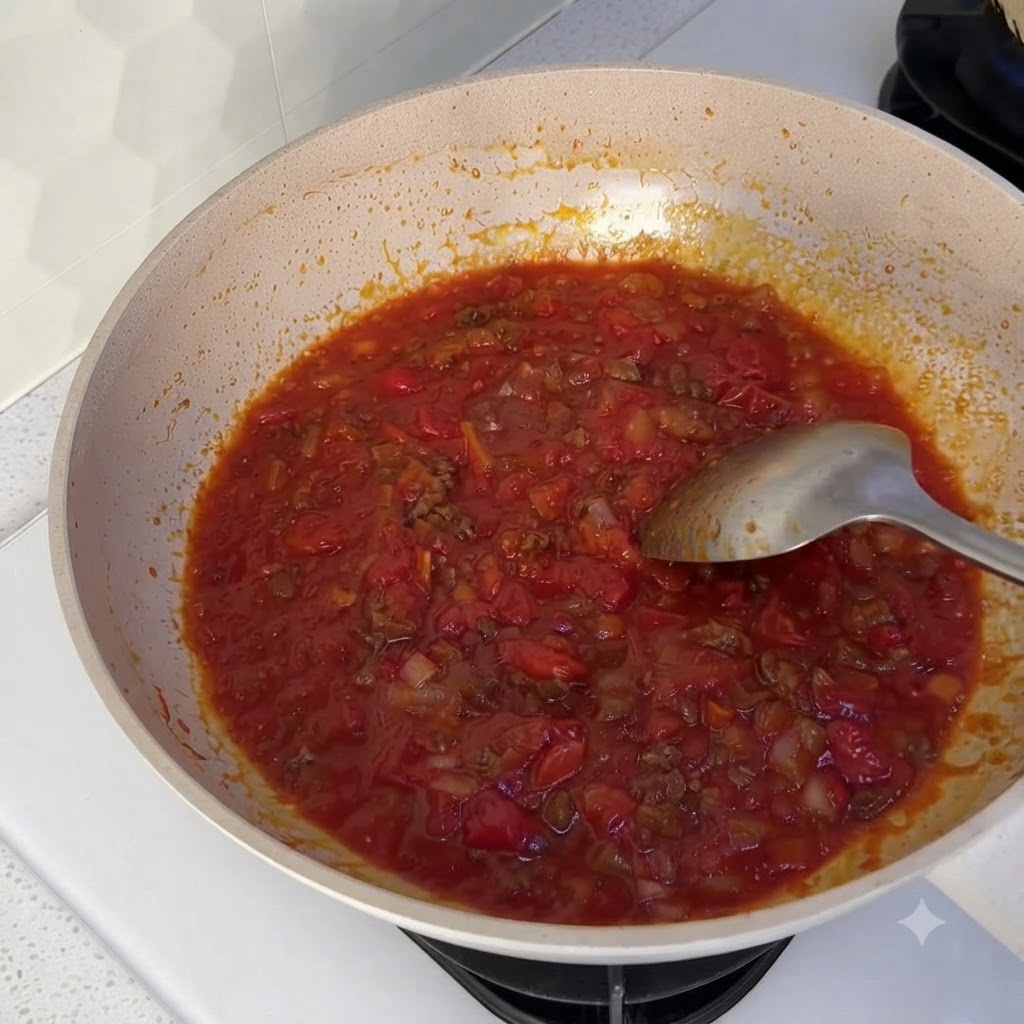 A close-up view of the simmering red tomato sauce inside the wok.