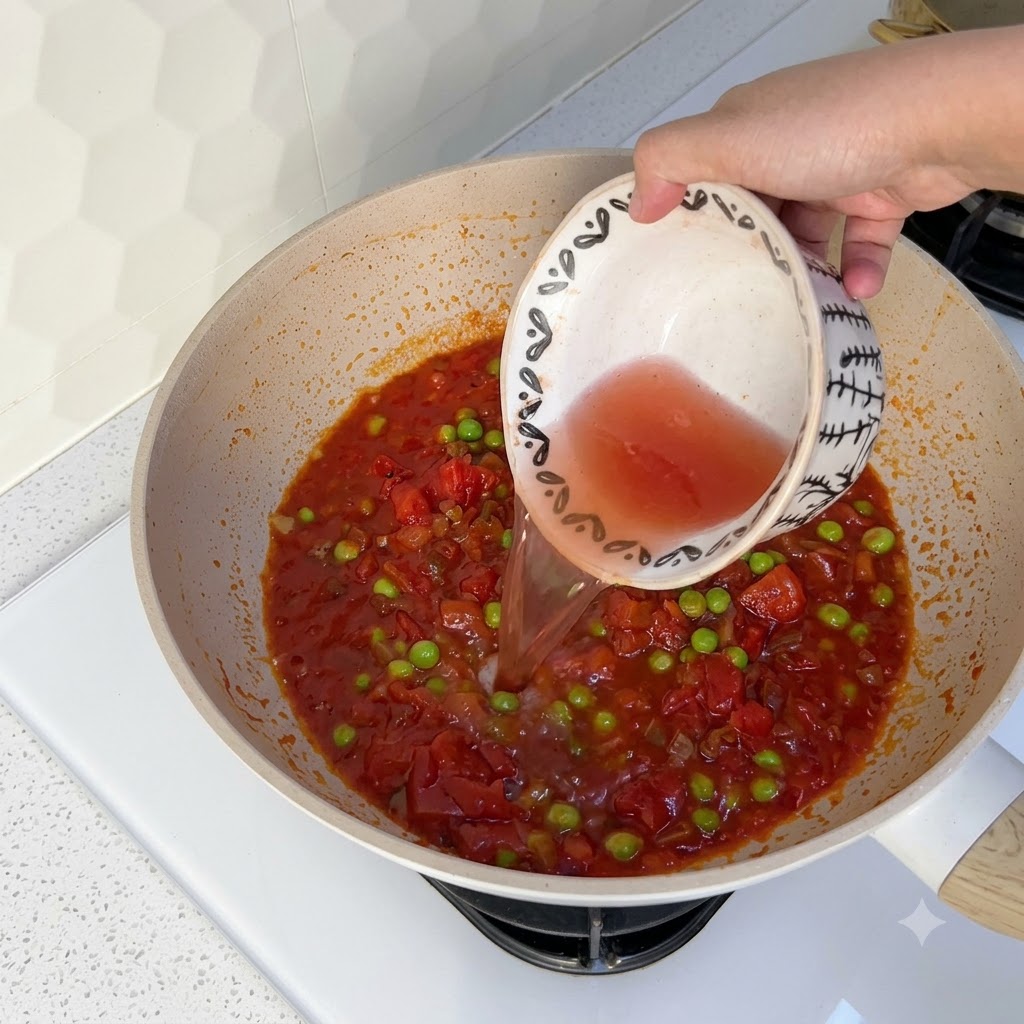 A small bowl pouring water into the wok filled with tomato sauce and green peas.