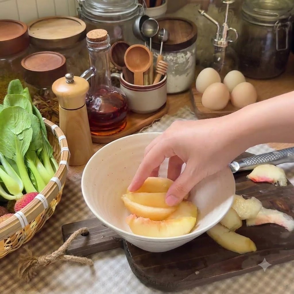 Peach slices in a bowl being mixed with black tea powder, lemon juice, and maple syrup.
