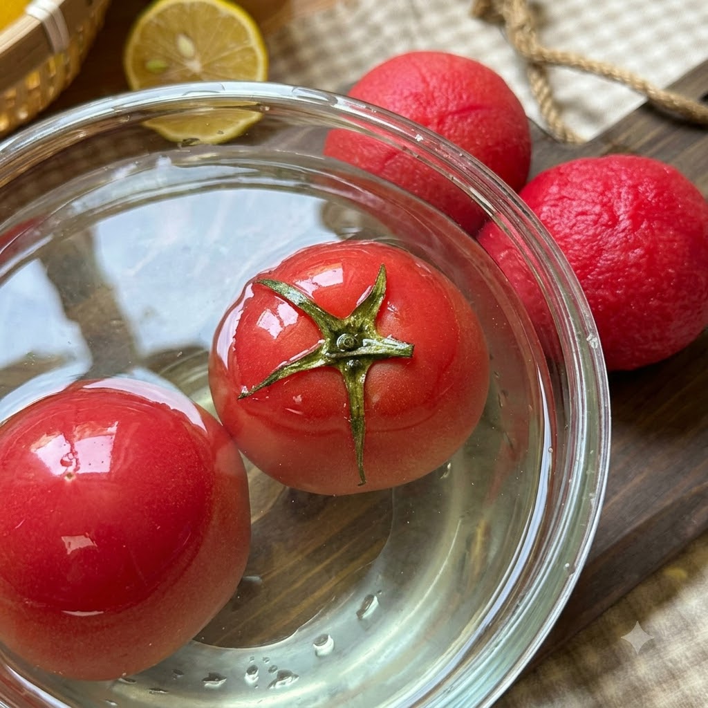 Frozen tomatoes soaking in a glass bowl of warm water with peeled tomatoes nearby on a wooden board.
