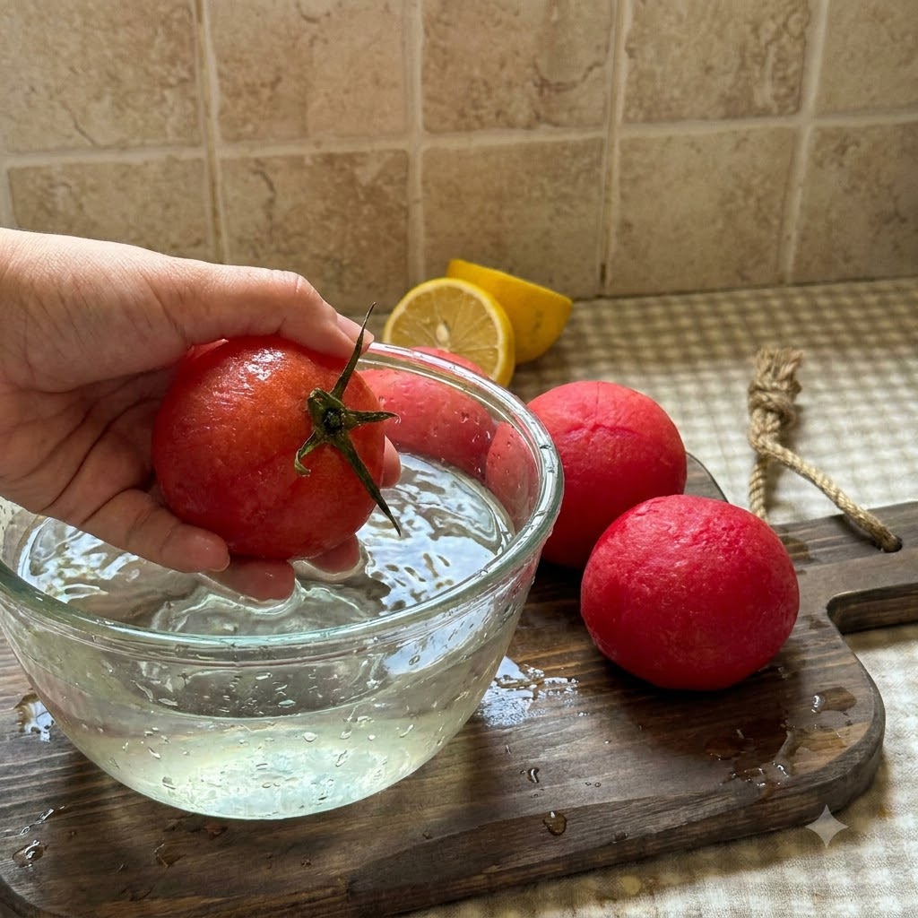 Peeled tomatoes being sliced and chopped into small pieces on a wooden cutting board.