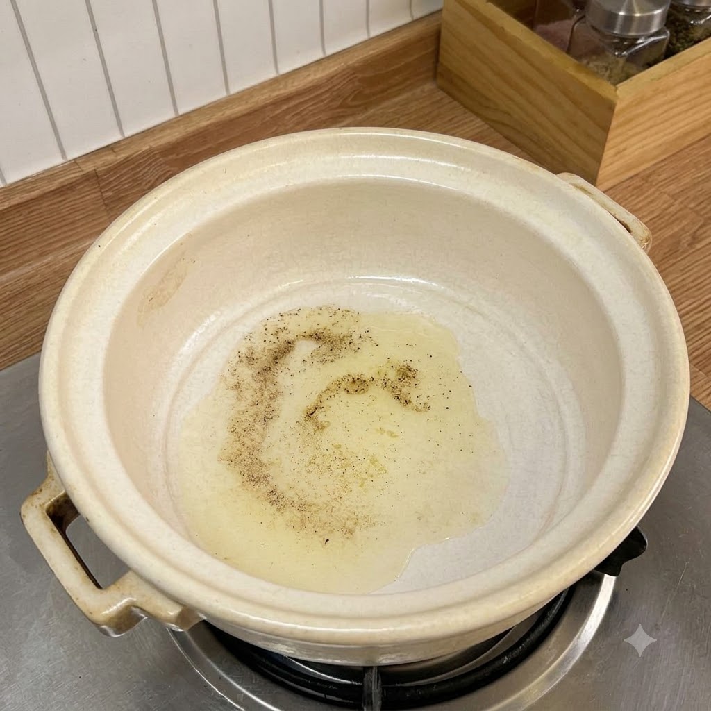 Minced garlic sizzling in hot oil inside a ceramic pot on a stove burner.