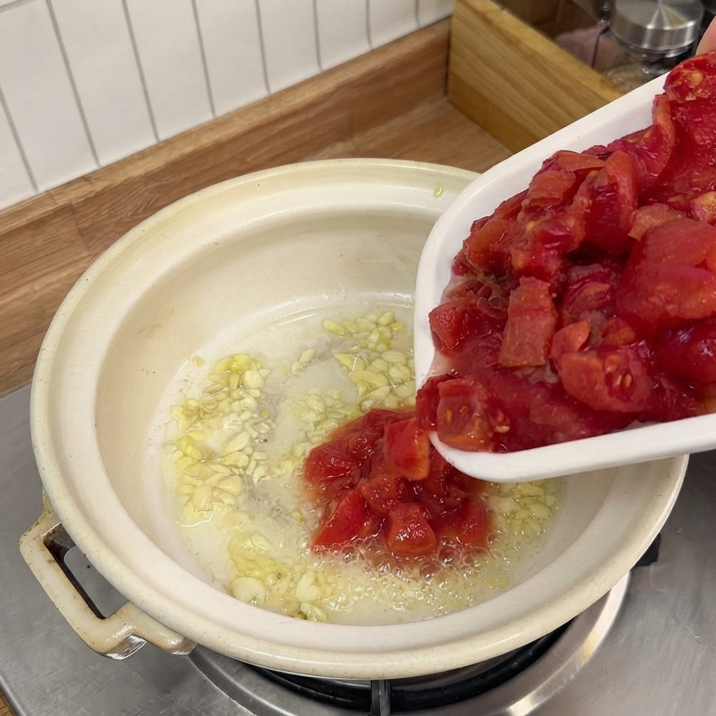 Chopped tomatoes being poured from a white plate into a pot containing sautéed garlic.