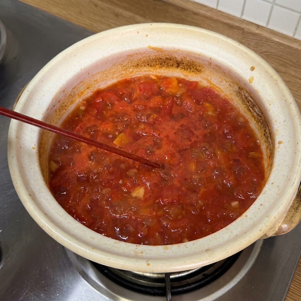 Various sauces and seasonings being poured and stirred into the boiling tomato base.