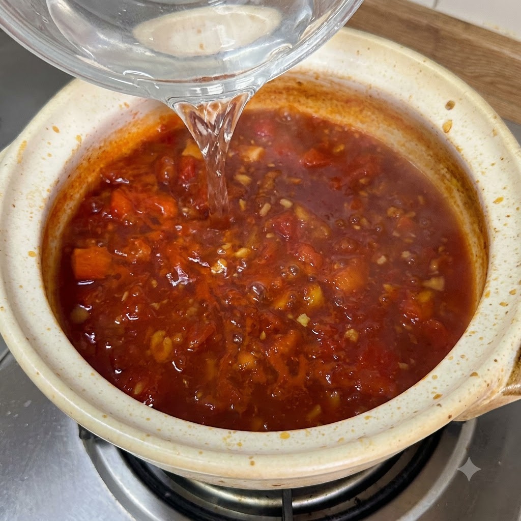 Fresh noodles cooking in the bubbling tomato broth inside the ceramic pot.