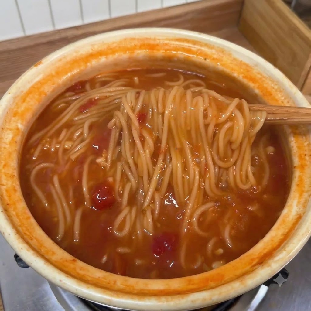 Chopsticks lifting cooked noodles out of the rich tomato soup pot filled with mixed ingredients.