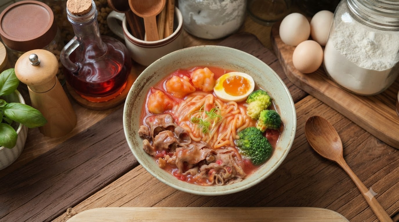Tomato and Beef Brisket Thick Soup Noodles with Tea-Infused Peaches