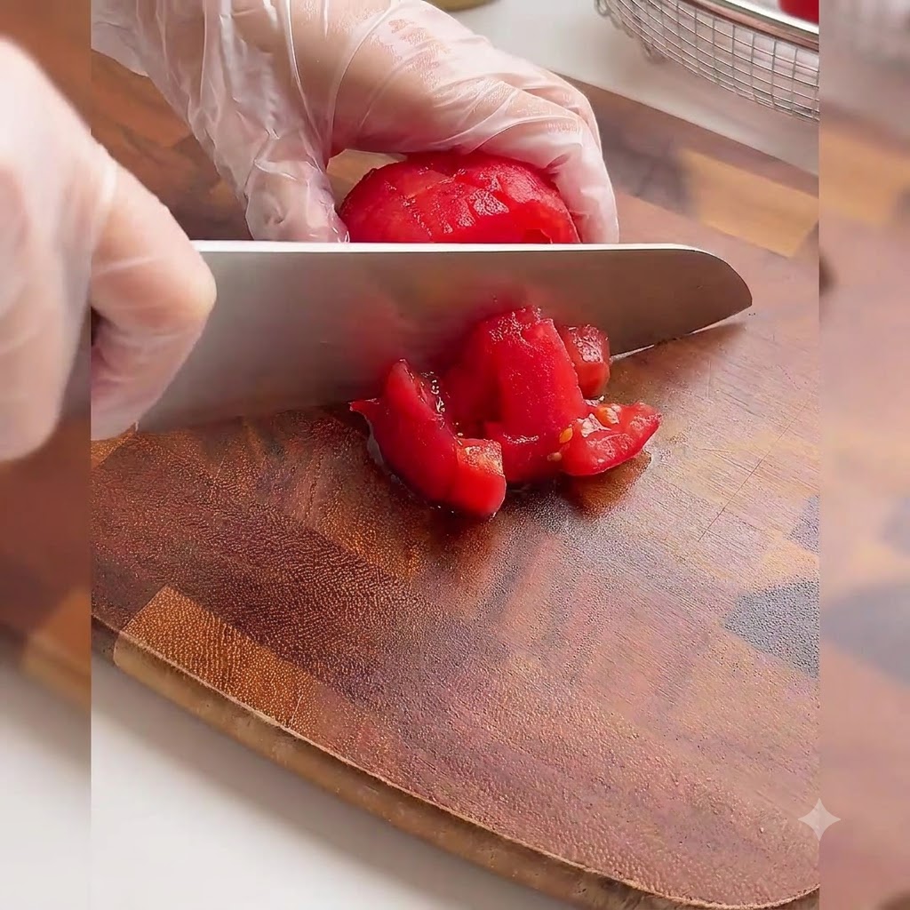 A gloved hand slicing peeled red tomatoes into small cubes on a wooden cutting board.