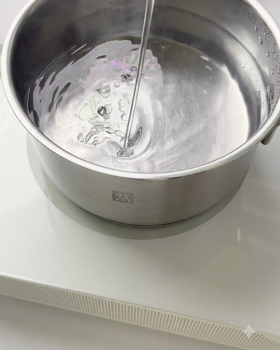 Pasta noodles cooking in a pot of boiling water.