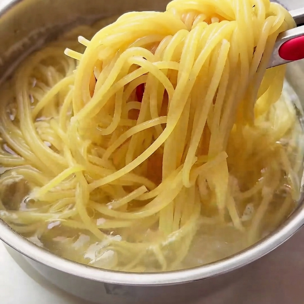 Cooked pasta being transferred with tongs into a bowl of cold water.