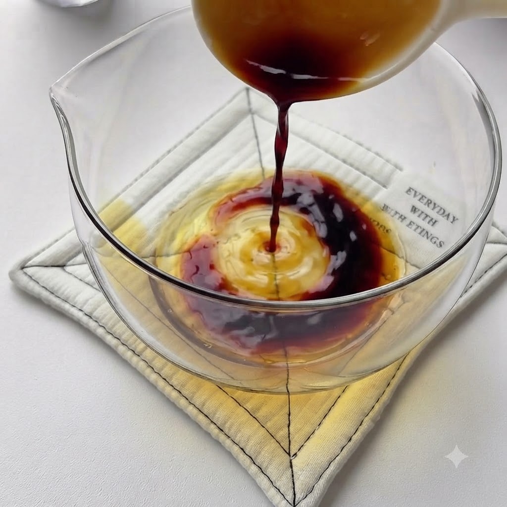 Sauces and seasonings being poured and mixed in a glass measuring cup.