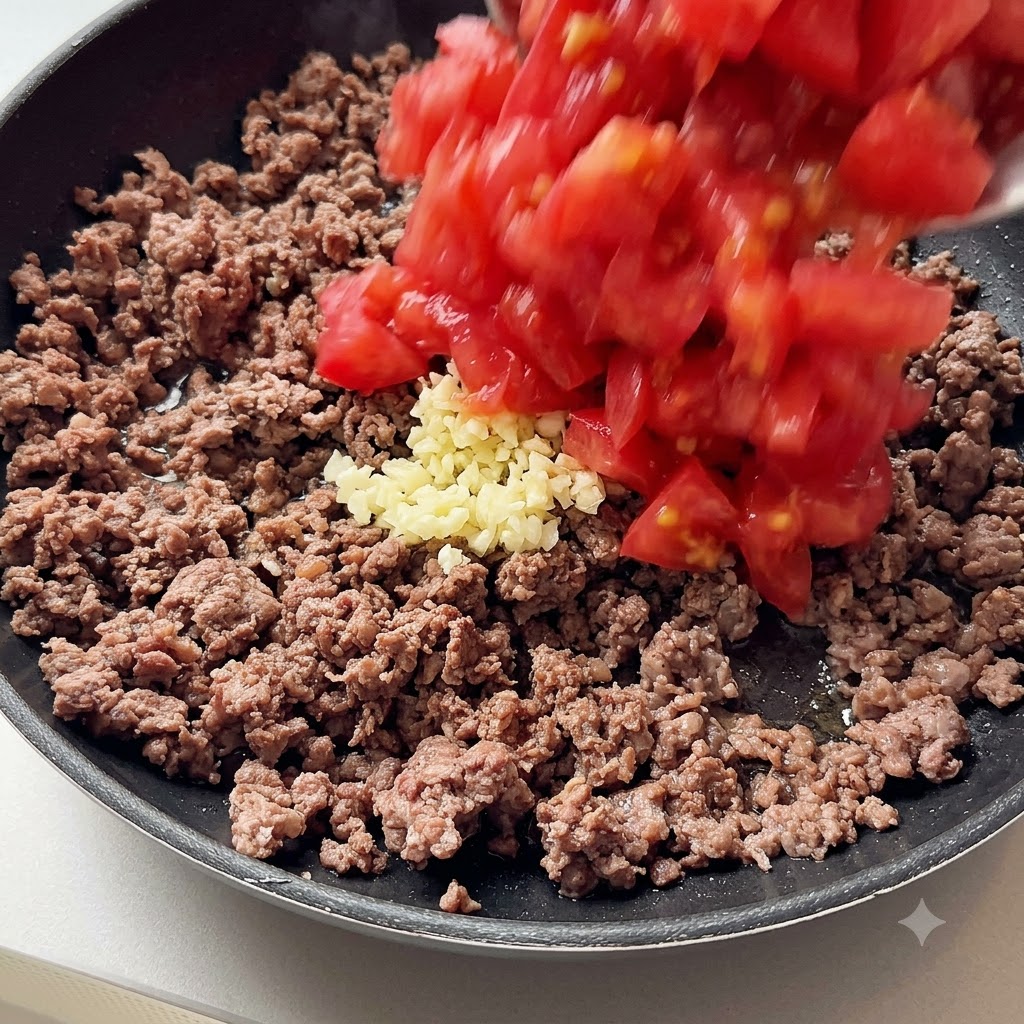 Chopped garlic and cubed tomatoes being added to the pan with cooked ground beef.