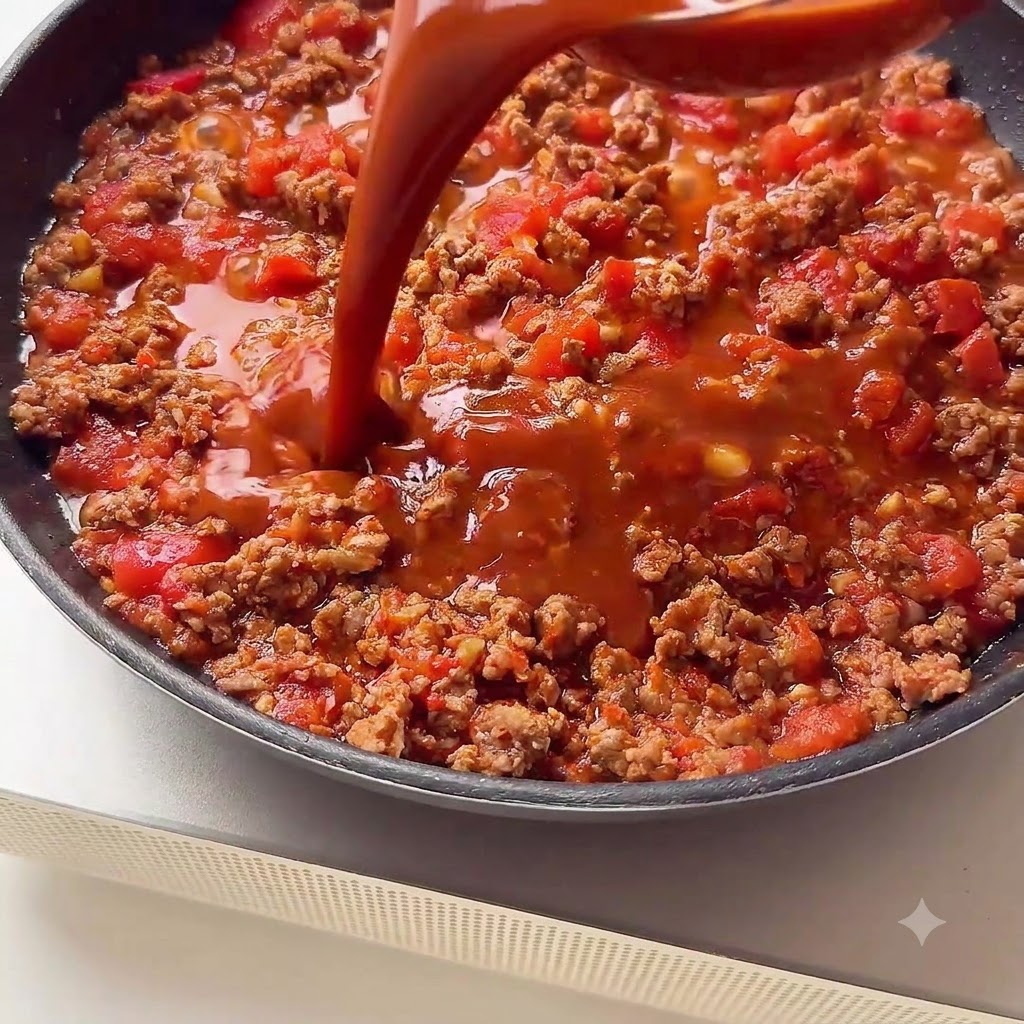 Rich reddish-brown sauce being poured from a container into a pan containing cooked beef and diced tomatoes.