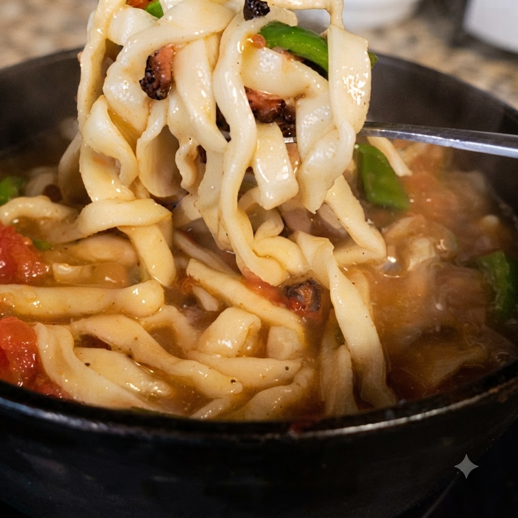Hand-rolled noodles being lifted with chopsticks from a bubbling pot of broth.