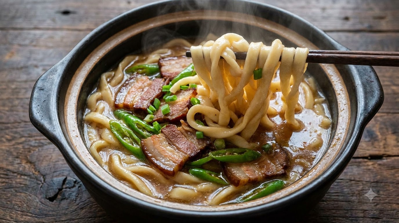 Rustic Hand-Rolled Noodles with Smoked Pork Belly