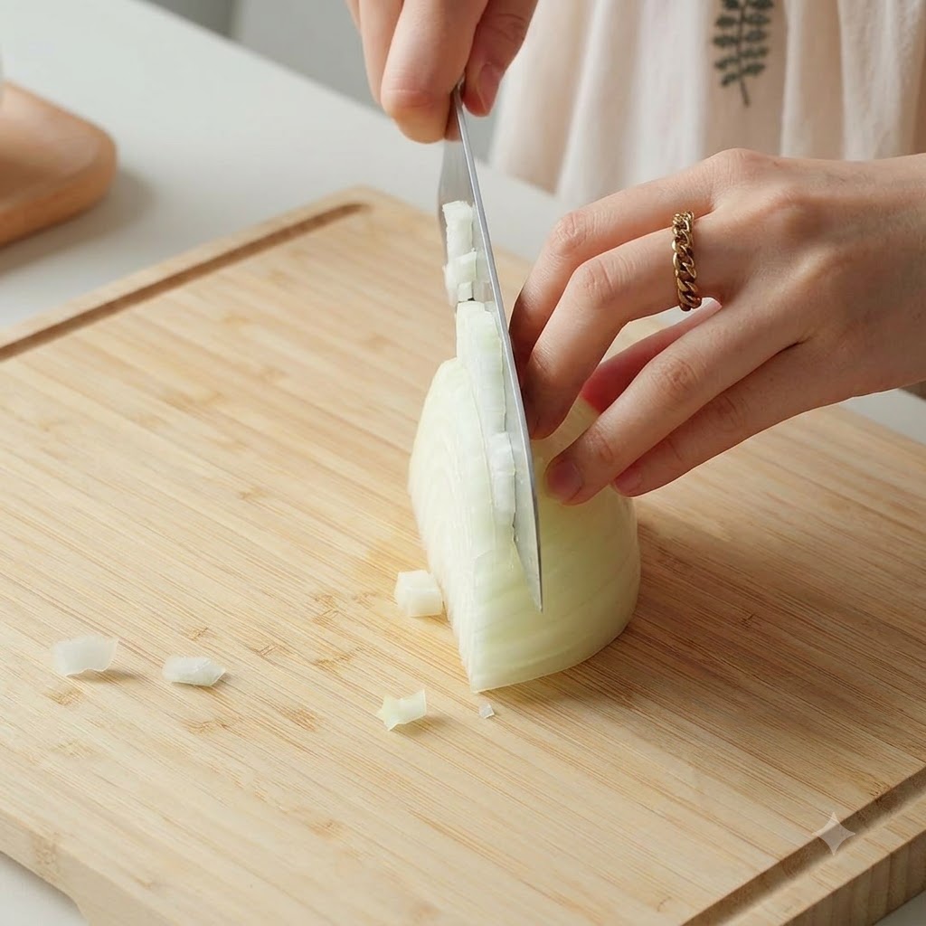 A white onion being finely diced on a wooden cutting board with a knife.
