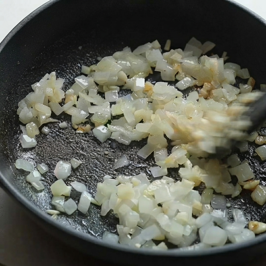 A black spatula stirring diced onions and minced garlic in a hot pan.