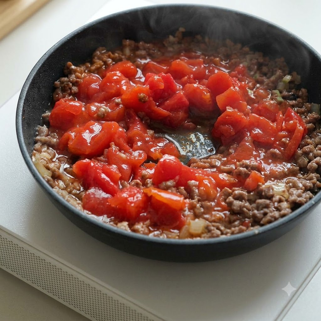 Canned diced tomatoes being stirred into a pan of cooked minced beef.