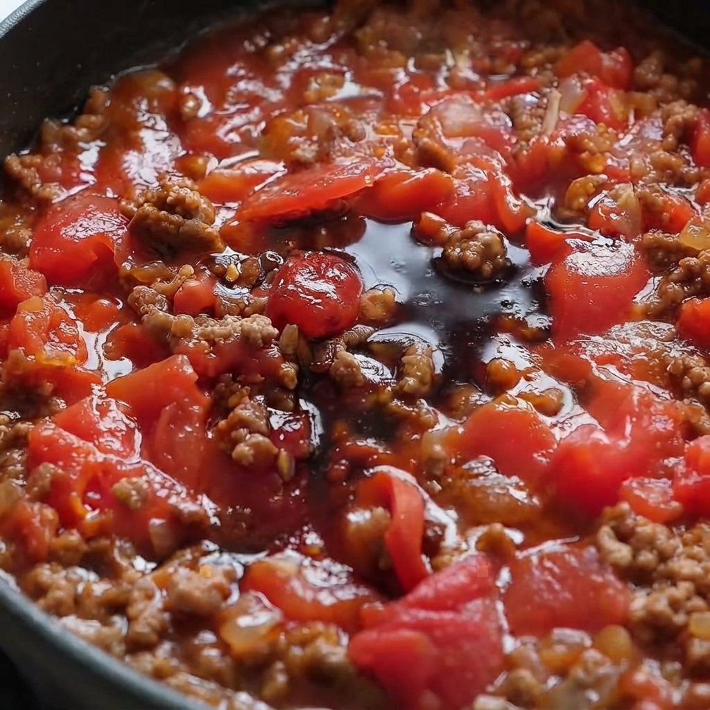 Dark sauces like soy and oyster sauce pooling in the center of a rich tomato and minced beef sauce in a pan.
