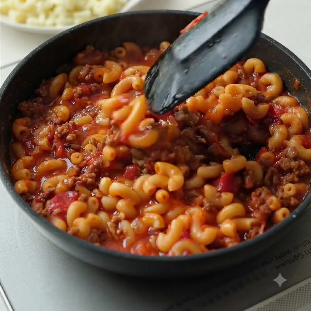 Boiled macaroni being folded into a rich meat sauce inside a frying pan.