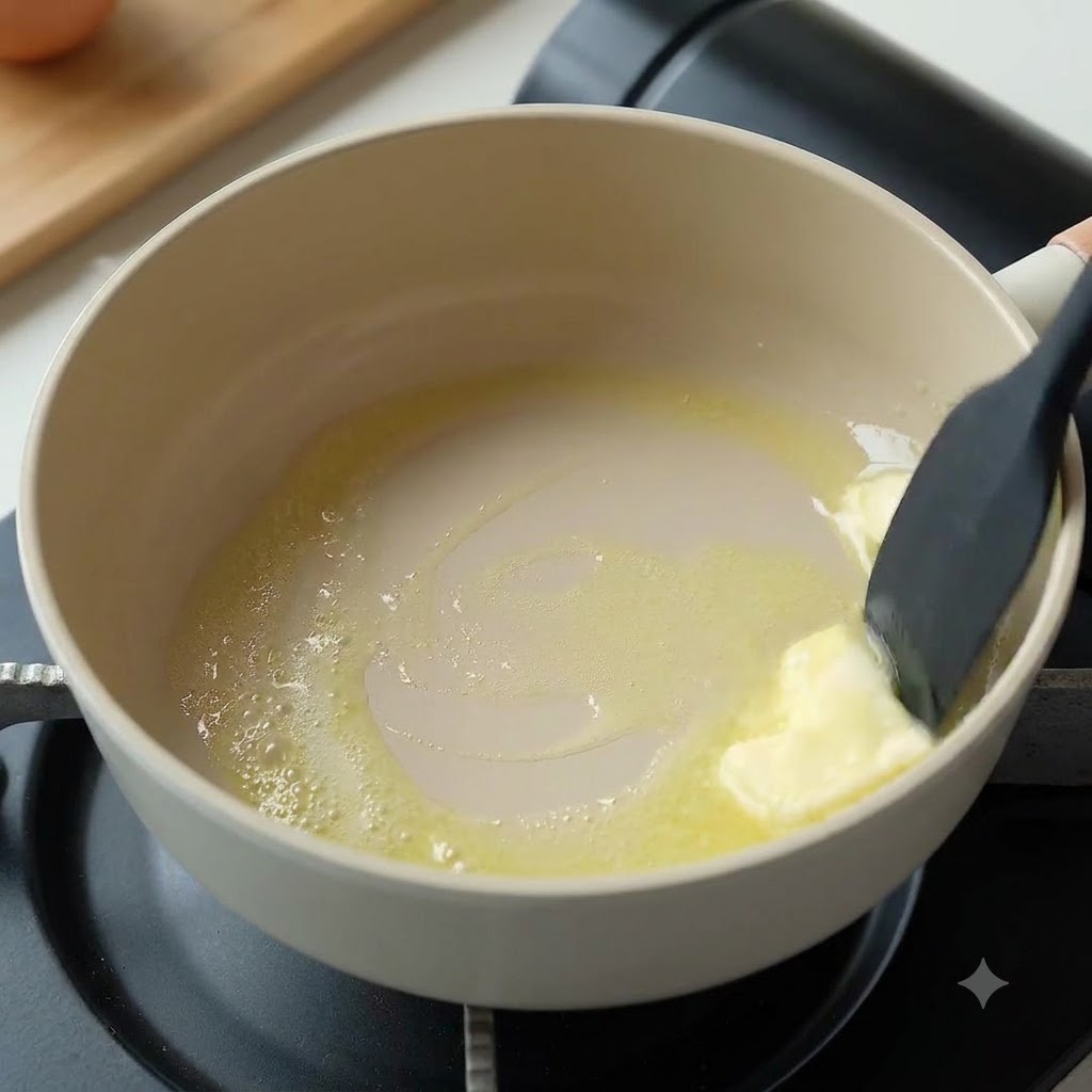 A block of butter melting inside a clean pot over gentle heat.