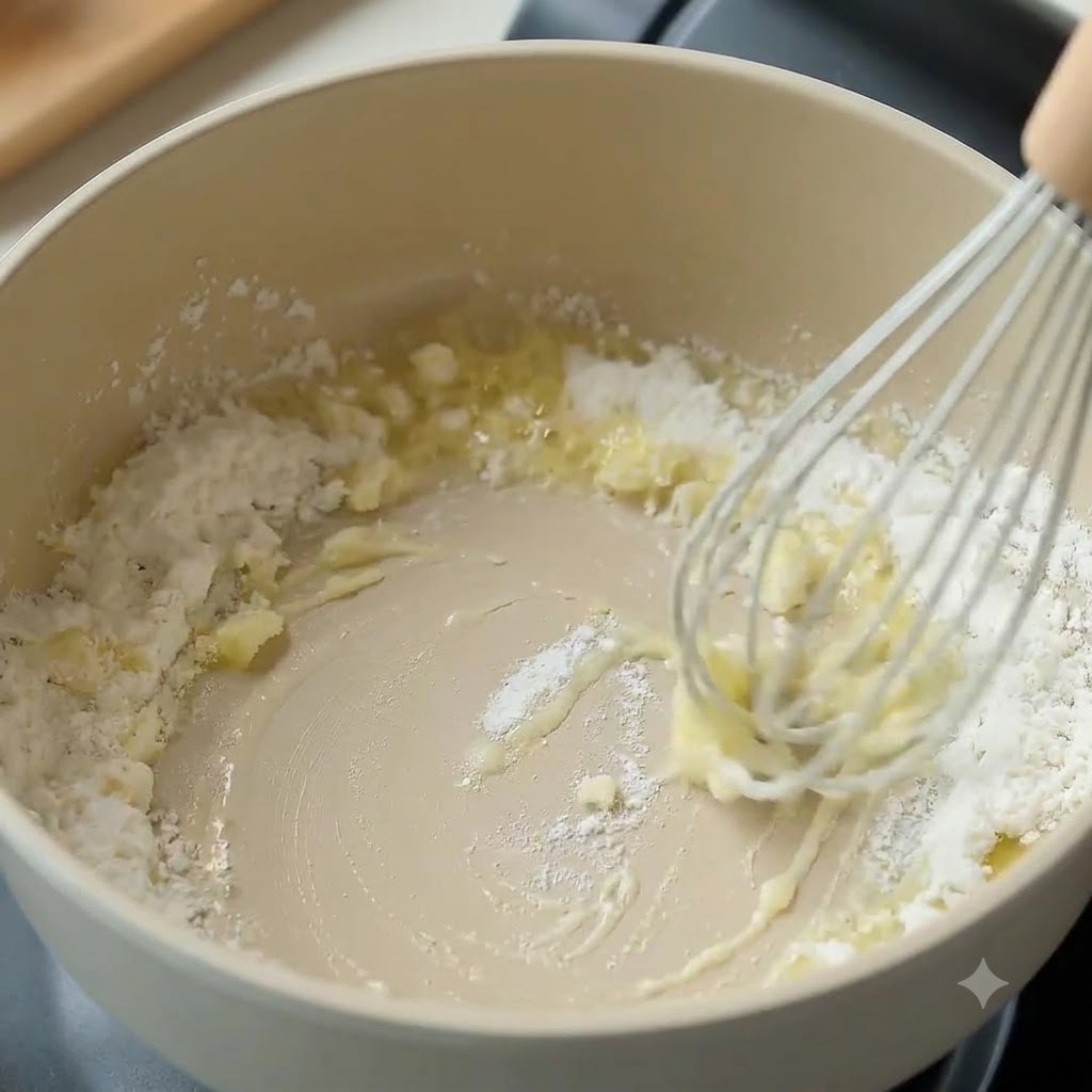 Flour being whisked into melted butter in a pot to form a roux.