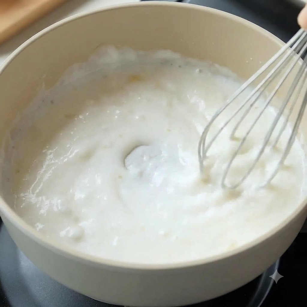 A whisk stirring milk and flour mixture in a light-colored saucepan to form a white sauce.