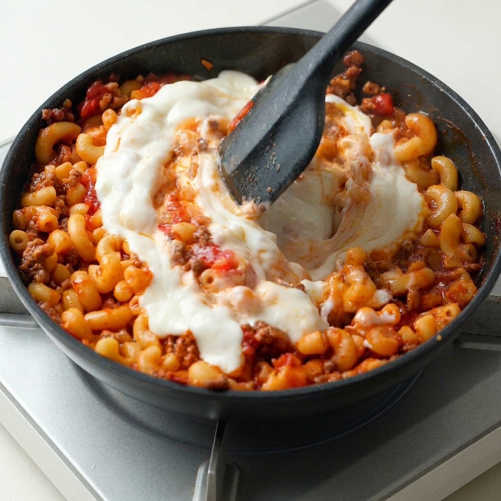 A spatula mixing creamy white sauce into macaroni and beef in a pan.