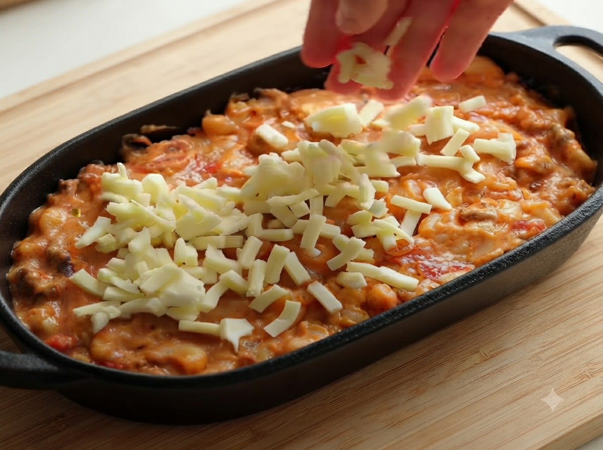 A hand scattering shredded mozzarella cheese evenly over the top of the pasta mixture inside a black baking dish.