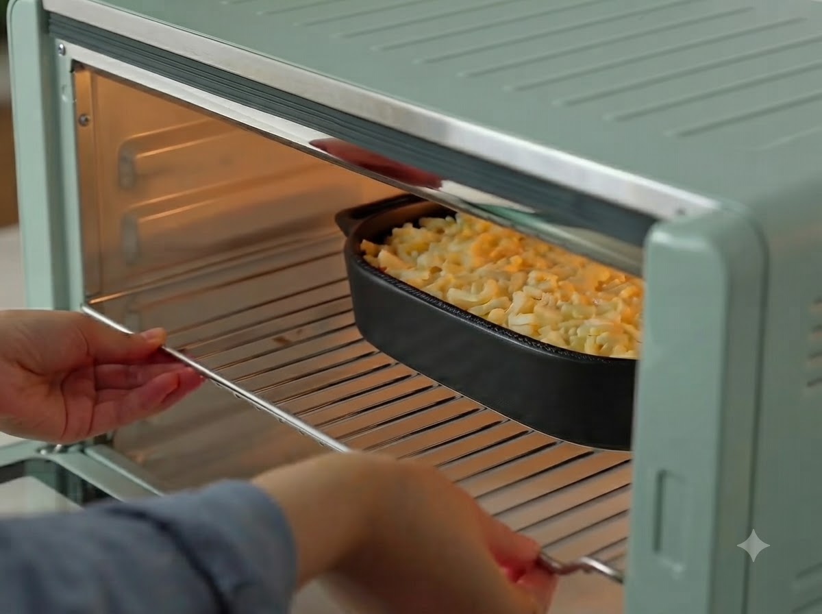 A pair of hands sliding a wire rack holding a black baking dish filled with cheesy pasta into a mint green countertop oven.
