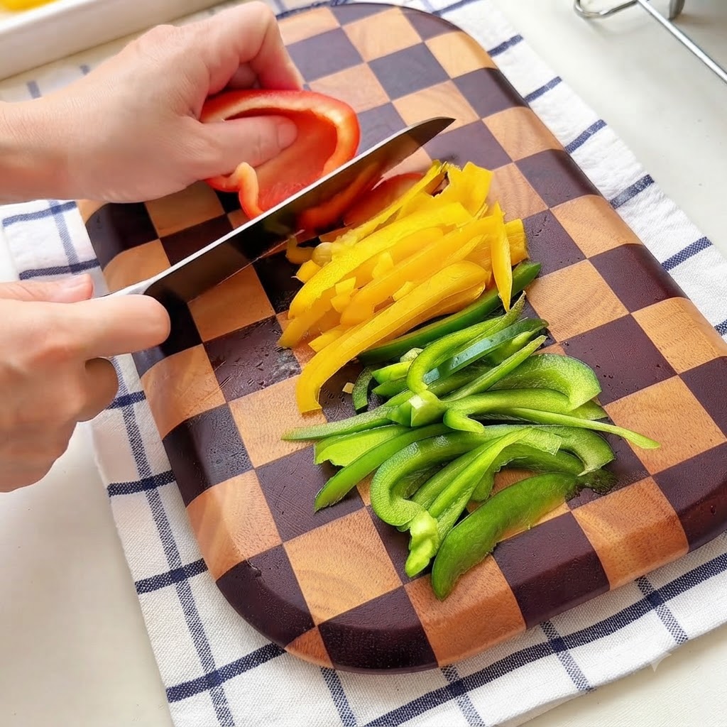 A person slicing colorful bell peppers into thin strips on a wooden checkered cutting board.