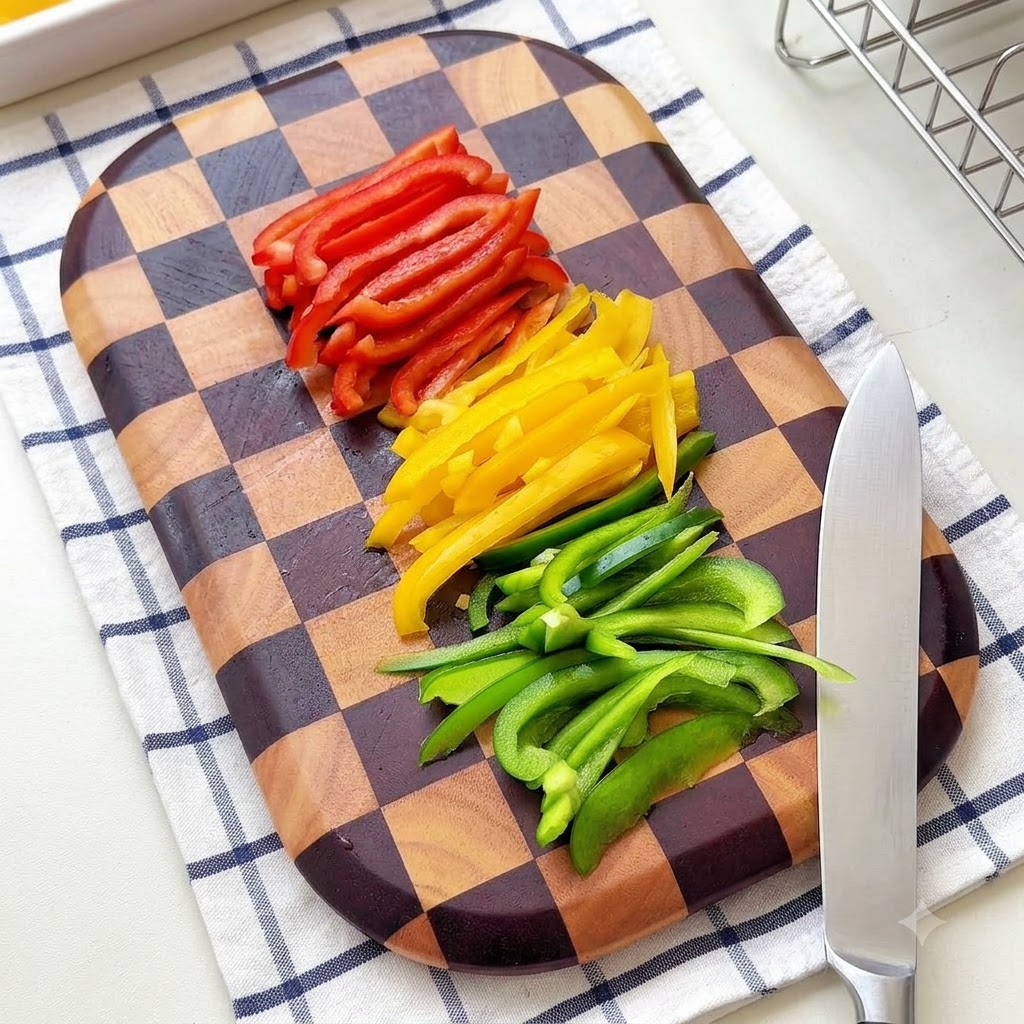 Slices of sausage neatly arranged on the checkered wooden cutting board next to a knife.