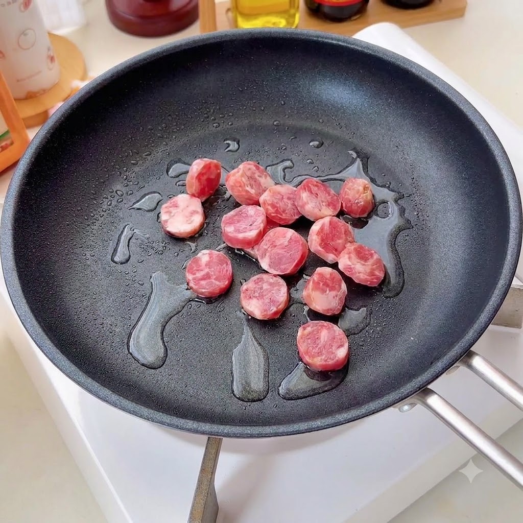Sausage slices frying in a pan with oil over medium heat.