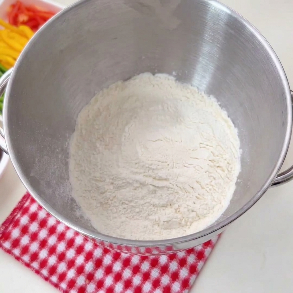 Dry flour mixture inside the mixing bowl of a stand mixer resting on a red checkered cloth.