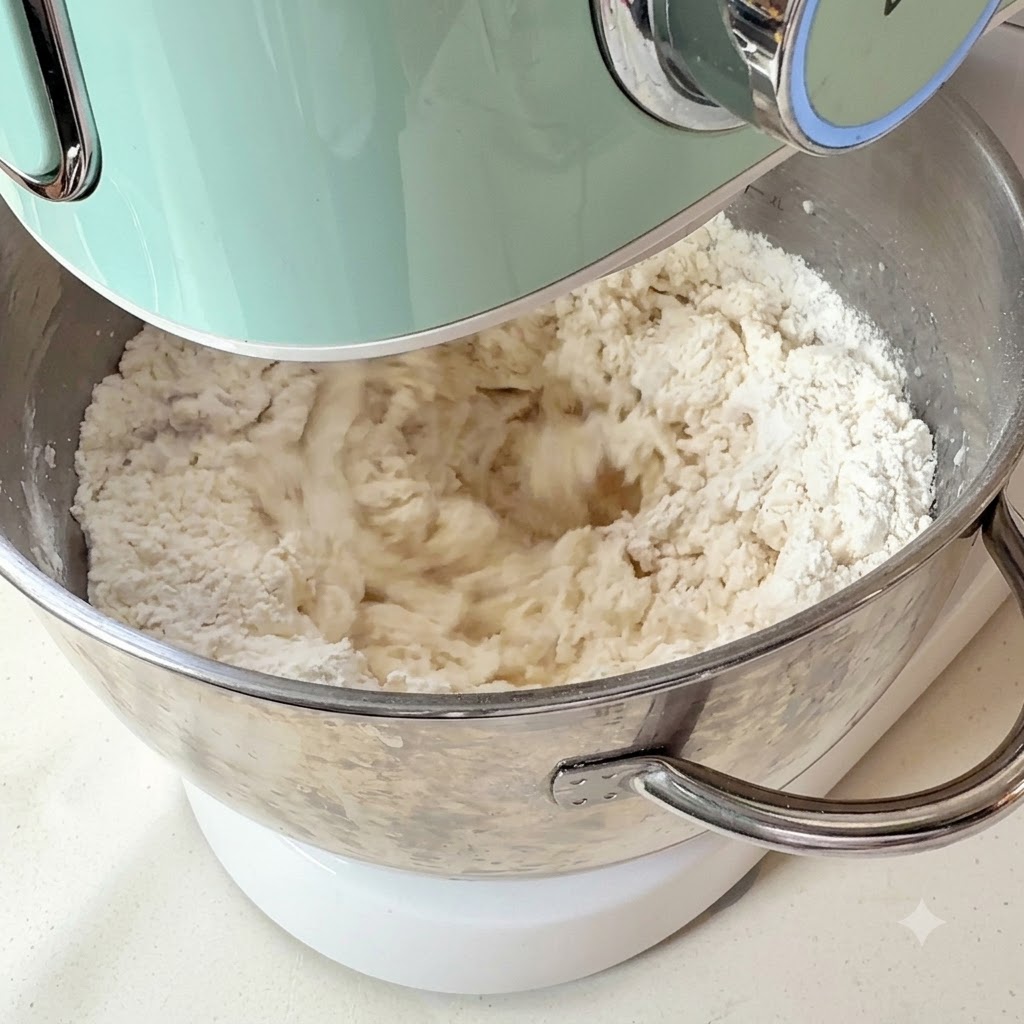 Ingredients being mixed and kneaded inside a stand mixer bowl to form a smooth dough.