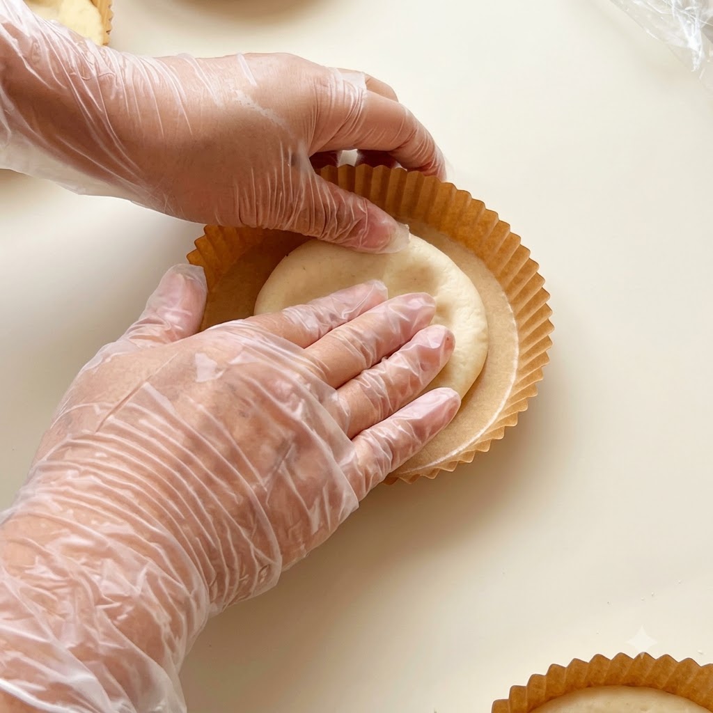 Gloved hands pressing dough outward from the center inside a paper mold to form a pizza crust.