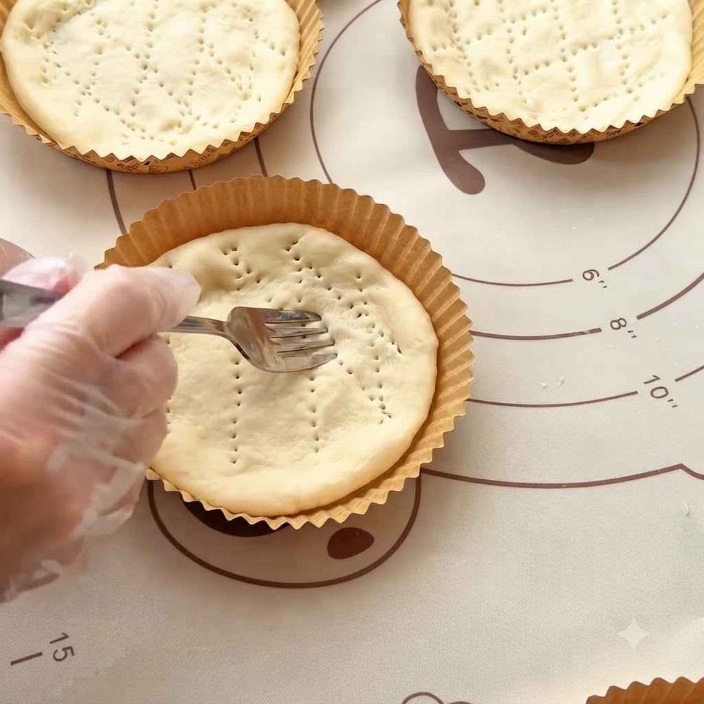 A fork poking holes across the surface of a shaped mini pizza dough base inside a paper mold.