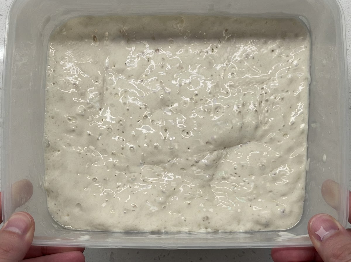 A close-up view of salt and flour being added into a rectangular container filled with bubbly poolish dough.