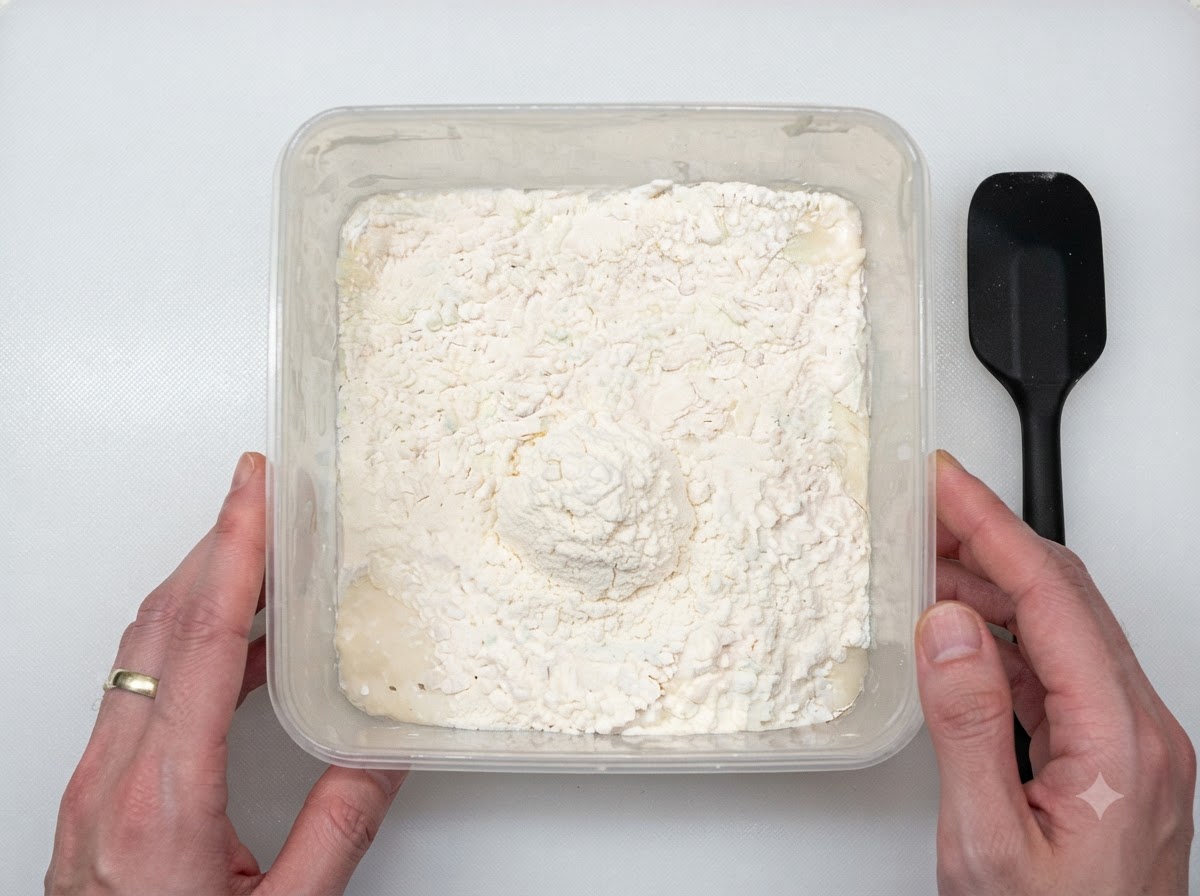 A container filled with poolish topped with flour and salt next to a black spatula.