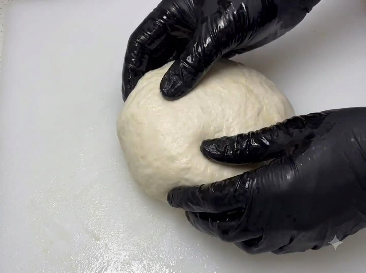 Gloved hands stretching and pulling a round ball of dough across a white cutting board.