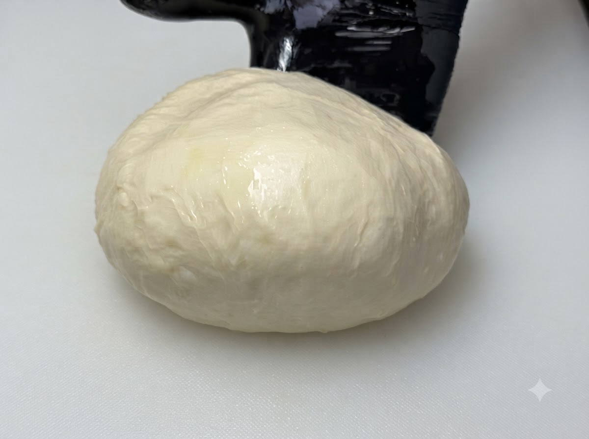 A smooth ball of oiled dough resting inside a glass bowl.