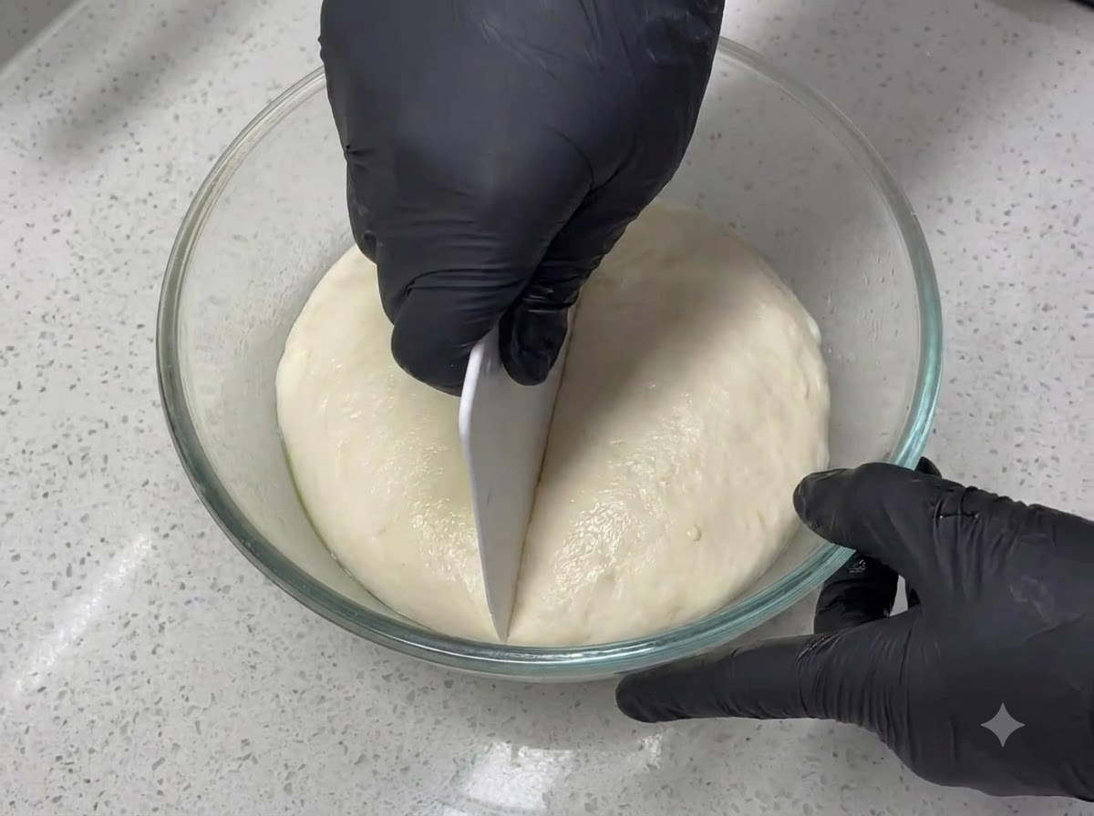 A pair of gloved hands using a white plastic dough scraper to cut a smooth, rounded ball of dough in half inside a clear glass bowl.