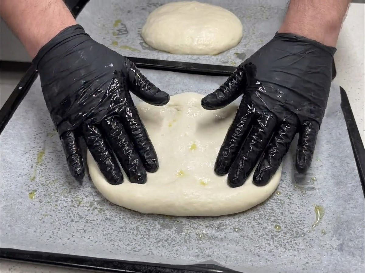 Gloved hands pressing down and flattening a round piece of dough on a baking sheet to stretch it outwards.