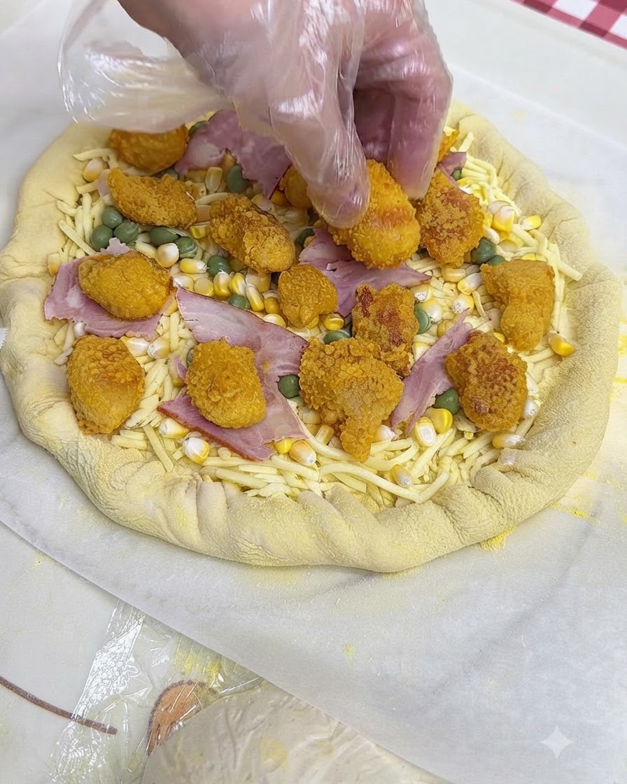 Gloved hand placing battered and coated chicken pieces onto a pizza base layered with cheese, corn, peas, and bacon.