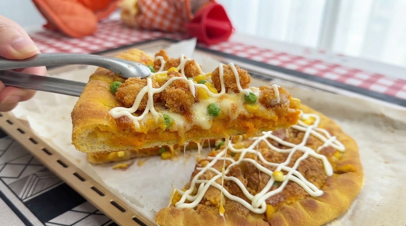 A freshly baked slice of salted egg yolk chicken pizza showing its vibrant sweet potato stuffed crust and savory toppings.