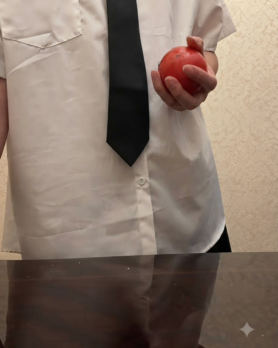 A person holding a whole fresh red tomato against a white shirt and black tie.