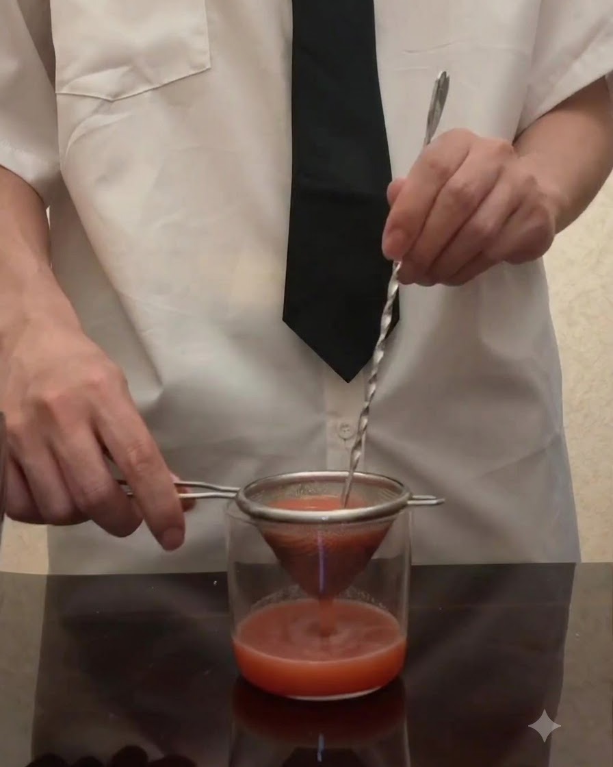 Tomato puree being strained through a conical mesh sieve into a glass using a twisted bar spoon.
