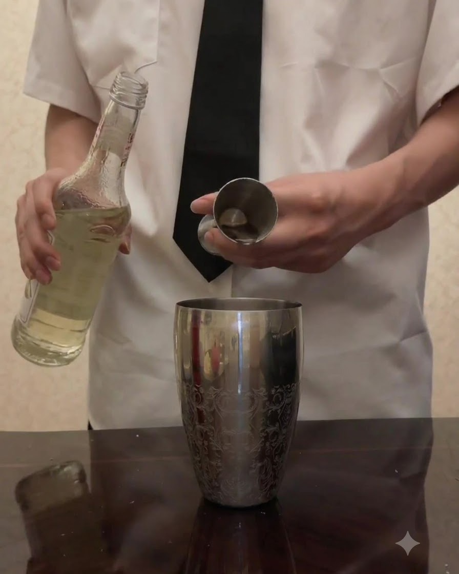 Clear syrup being poured from a bottle into a jigger held over a stainless steel cocktail shaker.